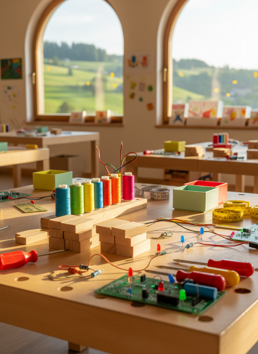 A colorful MINT-themed craft table arranged for a children’s summer camp, seen in photographic realism. Bright wooden workbenches hold neatly organized materials: small blocks of light pine wood, spools of vivid thread, child-safe screwdrivers, chunky resistors and LEDs, and simple circuit boards. In the background, large windows reveal soft green Swiss hills of Teufen under gentle afternoon light. Sunbeams fall across the table, creating playful highlights on scattered measuring tapes and rulers, with soft shadows from small storage boxes. Shot at eye level with a shallow depth of field, the foreground tools are crisply focused while the room gently blurs, evoking a warm, inviting, and imaginative atmosphere that feels both creative and lightly technical.
