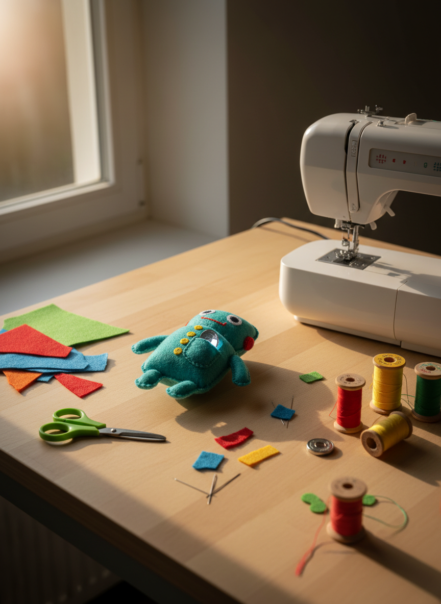 A cozy sewing and electronics corner inspired by a miniMINTwelt camp room in Gais, captured in clean, modern photographic style. On a wide, pale birch table lies a small, half-finished felt robot plush: turquoise body, yellow stitched buttons, and a tiny sewn pocket hiding a simple LED and coin-cell battery. Around it are blunt-tipped scissors, child-safe needles, colorful fabric scraps, and spools of thread in primary colors. A compact, white beginner’s sewing machine sits to the side. Warm afternoon sunlight streams in from the left, casting soft shadows and highlighting the texture of the felt and threads. Shot from a slightly elevated angle with a gentle vignette, the atmosphere feels playful, hands-on, and quietly focused on creative making.