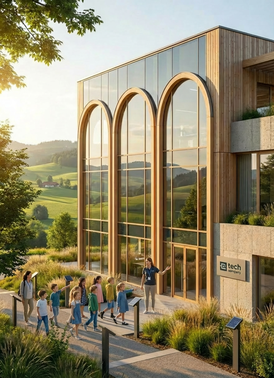Tech company building featuring tall arched glass windows overlooking a lush, rolling green valley.