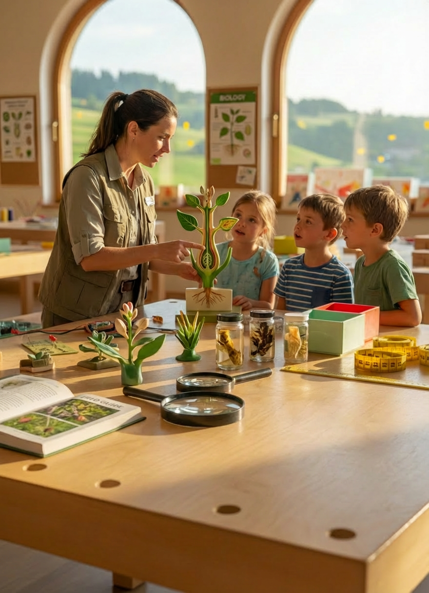 A colorful MINT-themed craft table arranged for a children’s summer camp, seen in photographic realism. Bright wooden workbenches hold neatly organized materials: small blocks of light pine wood, spools of vivid thread, child-safe screwdrivers, chunky resistors and LEDs, and simple circuit boards. In the background, large windows reveal soft green Swiss hills of Teufen under gentle afternoon light. Sunbeams fall across the table, creating playful highlights on scattered measuring tapes and rulers, with soft shadows from small storage boxes. Shot at eye level with a shallow depth of field, the foreground tools are crisply focused while the room gently blurs, evoking a warm, inviting, and imaginative atmosphere that feels both creative and lightly technical.